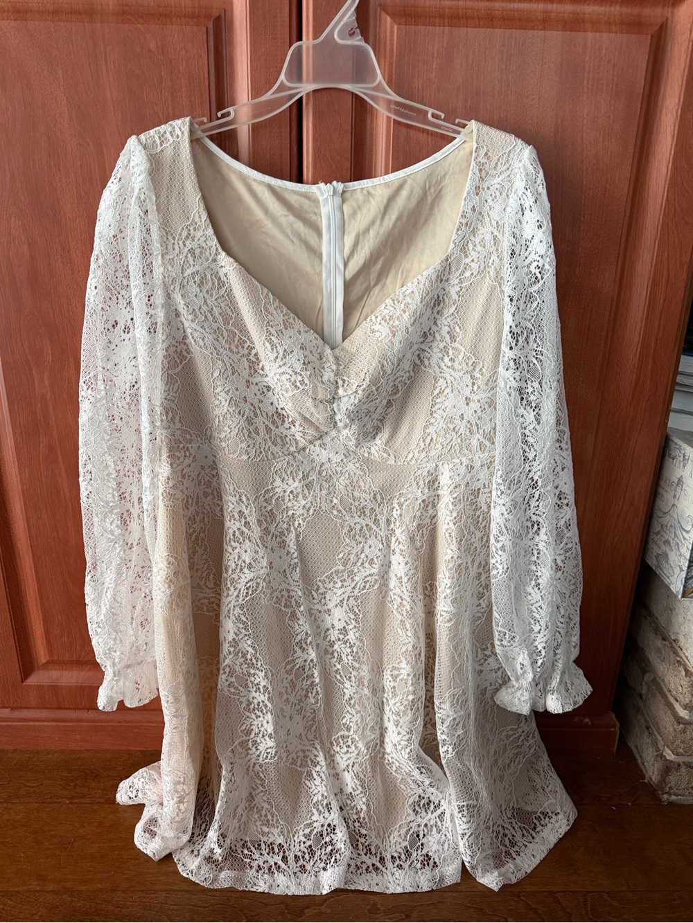 SHEIN Cream Lace Long Sleeve V-Neck Dress
